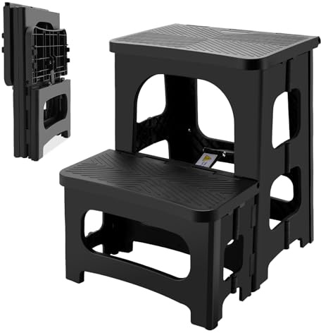 PAHTTO Tritthocker klappbar, 2-Stufen Klapphocker faltbar bis 180kg | 2-stufig, 180kg Tragkraft, rutschfest, klappbar 3,8cm flach, 2,49kg leicht, für Küche/Bad/Büro/Senioren