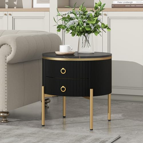 Merax Rund Couchtisch mit Schubladen Beistelltisch Modern Wohnzimmertisch mit Stauraum, Marmorstruktur, goldenen Beinen und Griffen, für Wohnzimmer Büro, Schwarz