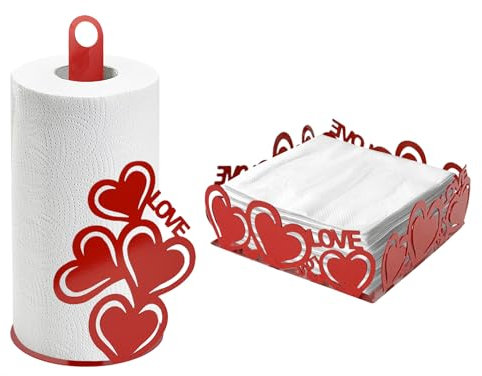Set Accessori Cucina 2/4 Pezzi Portatovaglioli Vassoio Grande Da Portata Portafrutta Centrotavola Metallo Design Moderno Decorazioni Tavola - Cuori Rossi - 2 Pezzi