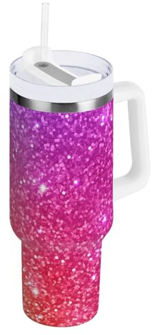 RPLIFE Trinkbecher mit Griff und Strohhalm, Edelstahl, mit Strohhalm, für Damen, Violett / Rosa, Glitzer, 1,2 l