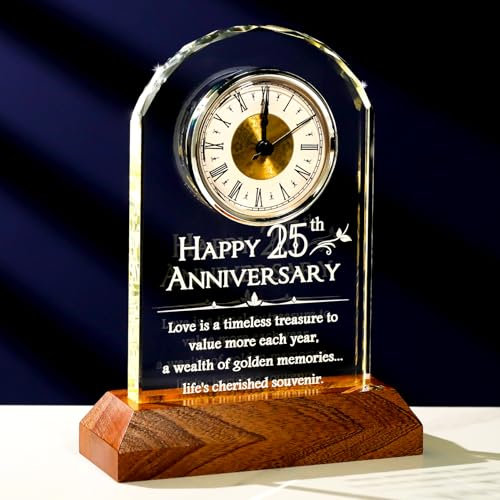 Arikyrist 25th Wedding Anniversary Glass Engraved Keepsake Gifts for Parents Couples, Happy 25 Years of Marriage Light-up Desk Clock 25th Silver Wedding Presents Home Ornament