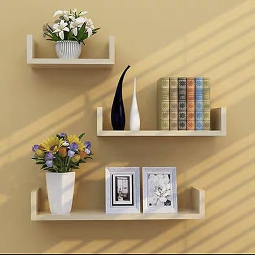 Rustikales U-förmiges Schweberegal, Holz, 3er-Set, Wandmontage, Aufbewahrungsregal für Schlafzimmer, Küche, Wohnzimmer, Ahorn-Finish