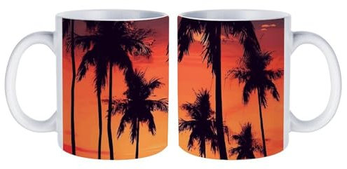 LDTVSFZQ Palm Tree Summer Sunset Ceramic Mug, Soup Mugs with Handles Microwave Safe Mug to Decorate Large Glossy Ceramic Coffee Mug White Tea Cup for Office And Home
