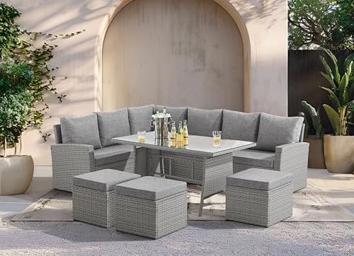 EVRE 9 Seat Marylin Corner Sofa & Dining Rattan Garden Furniture Set for Indoor Outdoor Patios Gardens Conservatories (Mountain Grey)