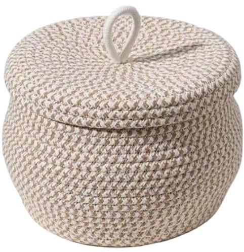 Hperu Basket With Lid,Round Woven Basket Cotton Rope Small Basket with Lid Large Capacity Boho Storage Basket Multipurpose Woven Baskets for Storing Toys, Yarn and Small Items