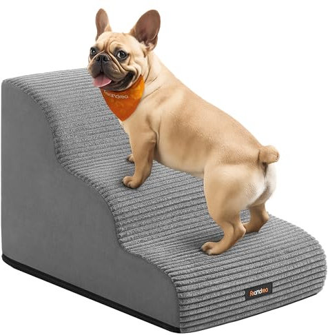 Feandrea Escalera para Perros de 3 Peldaños, para Cama, Sofá, Impermeable con Diseño Antideslizante, Pendiente Suave, Cubierta Lavable Extraíble, Asa, Gris Paloma PPS003G01