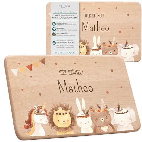 KIDSMOOD - Kinder Brettchen – Holz Frühstücksbrett mit Namen & Design nach Wahl, Perfekte Geschenkidee zur Geburt, Taufe oder als personalisierte Geschenke für Baby & Familie - Boho-Tiere