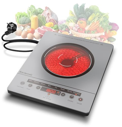 Karienvir Placa vitroceramica 1 Fuegos 2000W Plateado, Placa de cocción integrada, Vitroceramica portatil, Indicador de alta temperatura, Bloqueo para niños, 9 velocidades