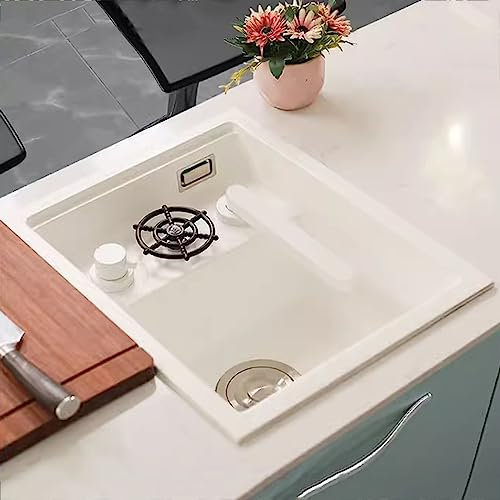 Fregaderos de Cocina bajo encimera con Enjuague de Vidrio, Fregadero de Cocina de Granito Blanco de una cubeta, Fregadero bajo encimera para estación de Trabajo, con Grifo elevable, para CAS