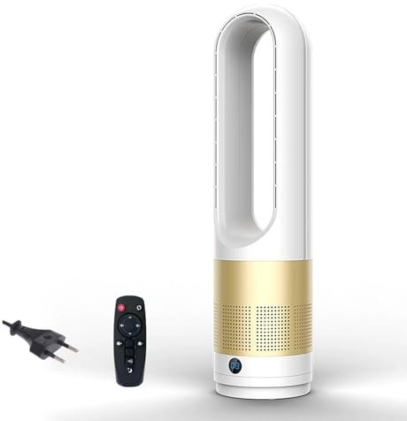 Oamger Rotorloser Ventilator 18-Zoll mit Luftreiniger, Turmventilator sehr Leise, 80° Oszillation, 8 Geschwindigkeiten, 9h Timer, Kindersicher, LED-Anzeige, Bladeless Fan mit Fernbedienung (Gold)