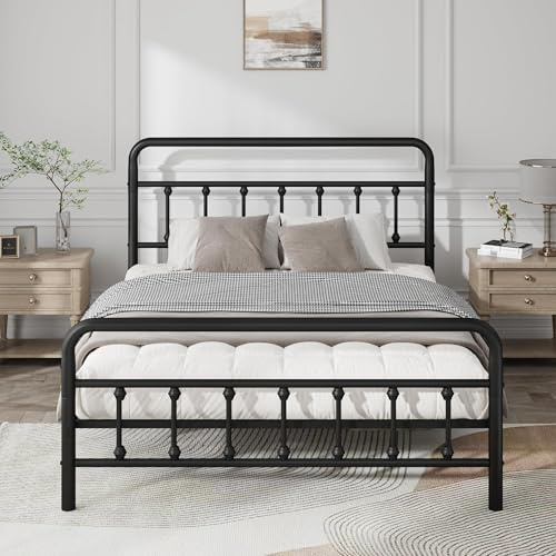 5ft Metal Bed Frame with Victorian Vintage Style – Wrought Iron Headboard & Footboard, Heavy-Duty Steel Slats, Noise-Free Platform Bed with 32 cm Underbed Storage, Easy Assembly (Black, Double)
