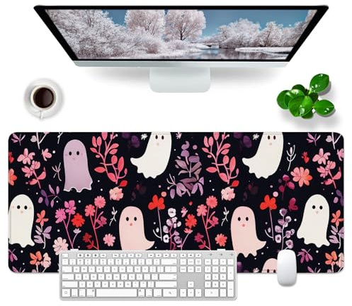 Flower Desk Mat Ghost Large Gaming Mouse Mat Kawaii Keyboard Mouse Pad Cute XL Desk Pad Women Office Accessories (Cute Ghost)