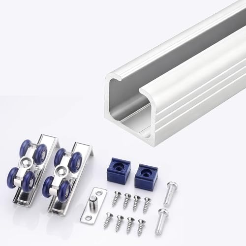 herrajes puertas correderas Riel de Puerta Corrediza con Sistema de Rodillos, Riel Aluminio Oculto Puerta Corrediza, Kit Herrajes Puertas Corredizas Armario Comercial(Silver,320cm/126in)
