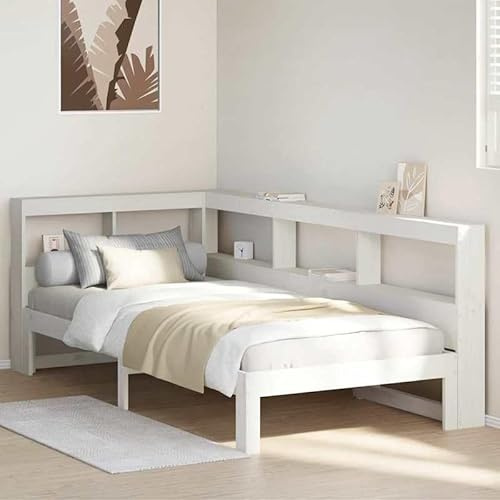 NuvlaGu Massivholzbett mit Regal - Kiefernholz Bett mit Kopfteil 90x200 cm - Natürliches Design für Schlafzimmer - Stabile Massivholz Konstruktion - Weiß