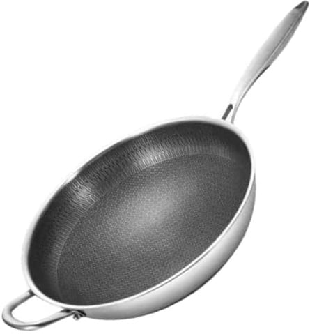 MOKKHNB Poêle Wok Inox Nid d'Abeille 34 CM à Double Poignée, Compatible Induction, pour Sautés et Batterie Cuisine Inox