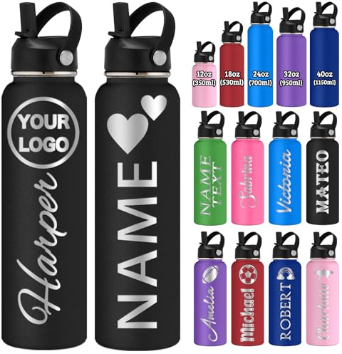 Personalised Water Bottle Engraved with Name Logo Customised 350/530/700/950/1150ML Stainless Steel Double-Wall Insulated Water Bottles with Straw Lid Handle Gifts for School Sport Office