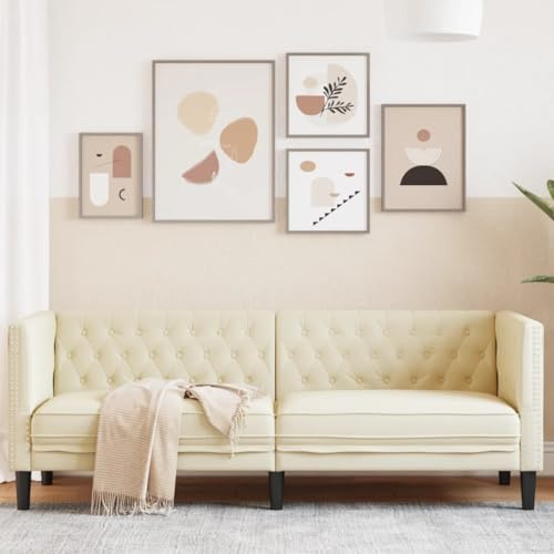 Faucqir Chesterfield-soffa 3-sitsigt krämfärgat konstläder stoppade möbler med knappstängning 194 x 74,5 x 70,5 cm vardagsrum soffa för avkoppling och sittande