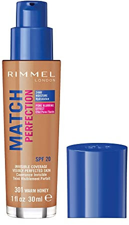 Rimmel Match Perfection Foundation 301 Warm Honey, Medium Coverage, 24hr Hydration, No Caking or Creasing, Lightweight, Reduces Imperfections, Invisible Coverage, SPF20, Cruelty Free