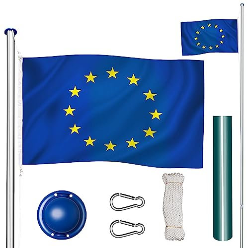 tectake Fahnenmast aus Aluminium, Teleskop Fahnenstange Set mit Flagge, Bodenhülsen, Seilzug, höhenverstellbar bis zu 6,50 m - ideal für Balkon, Garten, Festival und Camping - Europa