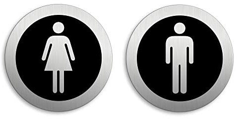 WC Schild Damen Herren Toilettenschilder 2er-Set Ø 75 mm Aluminium selbstklebend (Schwarz)