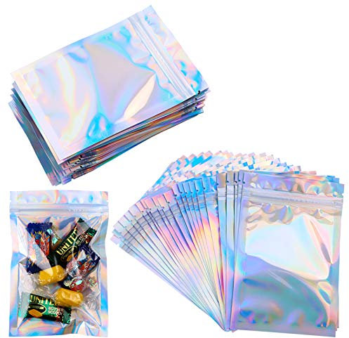 Jodsen Mylar-Beutel mit Reißverschluss,100 Stück durchsichtig goldfarben wiederverschließbar Mylar Beutel Aluminiumfolie langlebig doppelseitig metallische Folie (7.5 * 10cm)