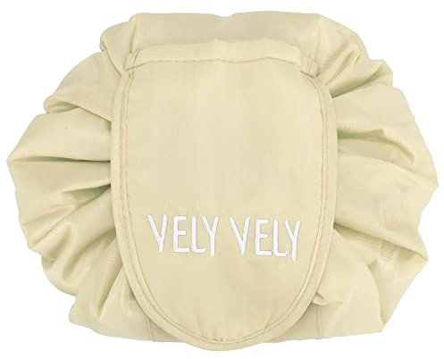 INTIRILIFE Kosmetiktasche in Cashew BEIGE - 62 x 54 cm - Runder One Step Kulturbeutel mit Kordelzug zum Zusammenziehen mit 2 inneren Reißverschlussfächern zur Aufbewahrung von Make-Up etc.