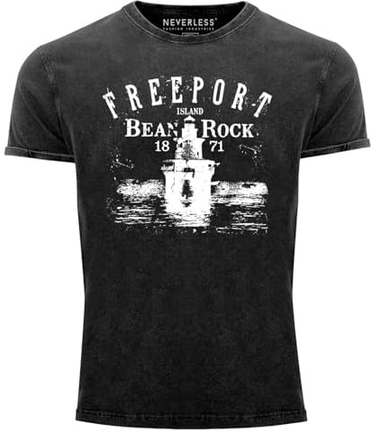Neverless® Herren Vintage Shirt Retro Print Leuchturm Schriftzug Freeport Island