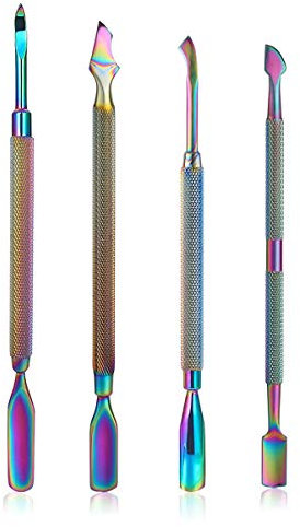 Mwoot 4 Piezas Kit de Empujador de cutículas - Herramientas de Manicura de Profesional Uñas Levantadores, Acero Inoxidable Punta Doble Removedor de cutícula para Piel Muerta UV Gel(color arcoíris)