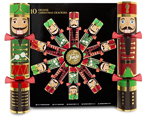 abeec 10 Pack Deluxe Christmas Crackers - 10 Red And Green - 14 Inch Recyclable Nutcracker Christmas Crackers with Cracker Hats, Snaps, and Jokes - Perfect Christmas Table Decoration