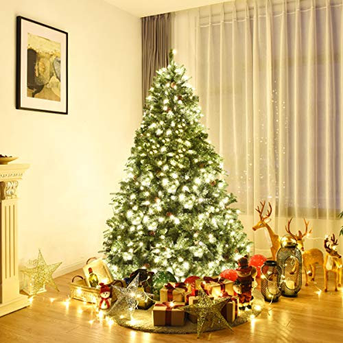 RELAX4LIFE Albero di Natale 210/225/240 cm, Albero di Natale con Luci 460/540/600 Incorporate e Pigne, Folto e Realistico, Decorazione Natalizia per Casa, Ufficio e Negozio (2,1M)