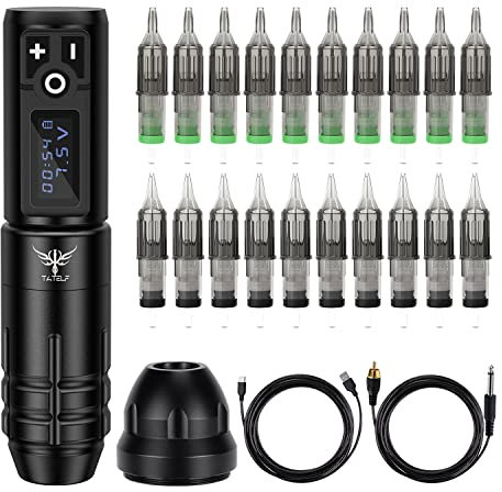 TATELF Tattoo Maschine Set Profi Wireless Tattoo Pen Gun Kit mit 1800mAh Akku 20 Cartridge Nadeln für Tattoo Anfänger und Künstler