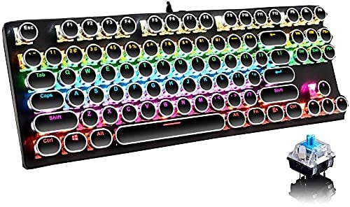 Hisxus Mechanical Gaming Keyboard,87 Key Retro Punk Typewriter-Style,Blue Switch Rainbow Backlit Keyboard,Anti-Ghosting, USB Wired, for PC Laptop Desktop Computer, for Game and Office (black)