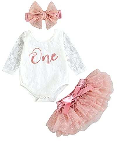 Loalirando 3 Pz Completo Elegante Neonata Abito Principessa Bambina Pagliaccetto con Maniche Lunghe in Pizzo + Tutu Gonna in Tulle Rosa + Fascia per Neonata (Rosa, 12-18 Mesi)