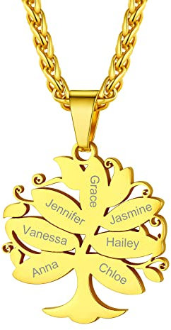 GoldChic Collier Arbre de Vie Personnalisé 7 Prénom Pendentif Genealogique Plaqué Or pour Maman pas Cher Chaine Spiga 55cm Acier Inoxydable Bijoux Cadeau Noël Fête des Mères Mariage Valentin