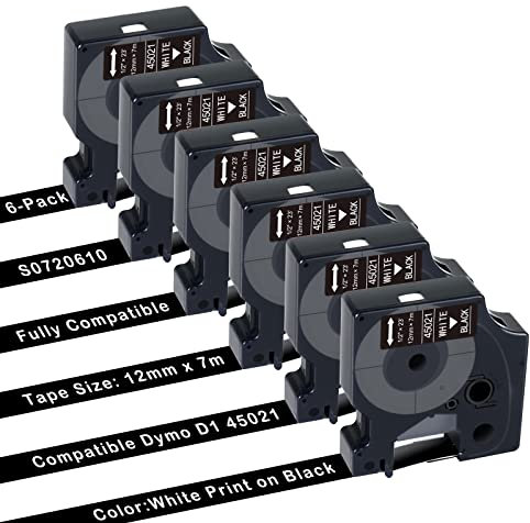UNOKA 6X 45021 Compatible with DYMO D1 45021 a45021 White on Black Label Tape, 12mm x 7m Label Cassette, S0720610 Labeling Tape for Dynamo LabelManager 160 280 420P PnP 220P 360D 450 210D