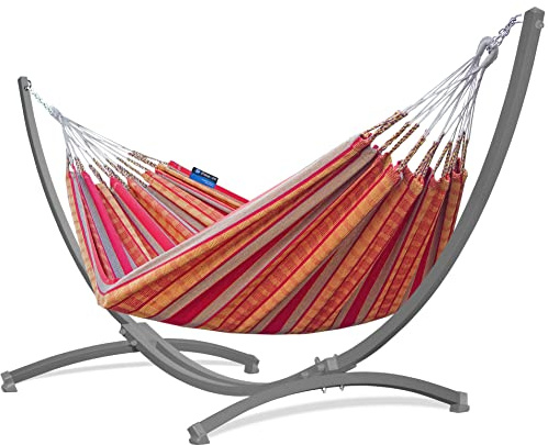 Potenza Outdoor Hängematte mit Gestell für 2 Personen I Pereira - 100% Baumwolle Doppelhängematte 220x140 cm, 160kg I Hängemattengestell 220kg, wetterfest (Mandarin, Gestell Grau)