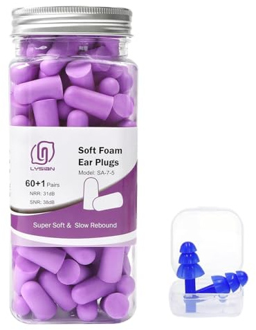 LYSIAN Ultra Soft Foam Earplugs Sleep - 38dB SNR Noise Cancelling Ear Plugs for Sleeping, Shooting, Snoring, Work Loud Sound Reduction- 60 Pairs Valued Pack,Purple