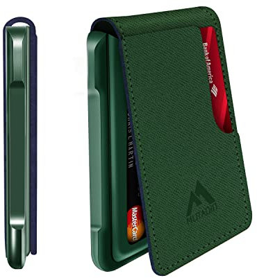 MURADIN Porte Cartes Mince en métal Anti-RFID-B, Porte Feuille Homme Tactique Minimaliste, Porte Carte Cuir Homme à Deux Volets pour Poche Frontale avec Pince à Billets (Saffiano Green)