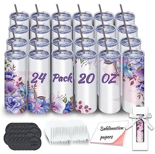 Sublimation Tumblers bulk 20 oz Skinny, 24 Pack Stainless Steel Double Wall Insulated Straight Sublimation Tumbler Cups Blank White with Lid, Individually Box,Polymer Coating for Heat Transfer