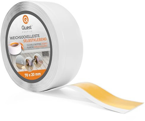 Quest Weichsockelleiste Selbstklebend, Abschlussleiste Breit - 70 mm x 20 mm - Sockelleiste PVC, Flexible Knickleiste für Wand, Boden - Dekorativ, UV-Beständig - 15 Meter, Weiß