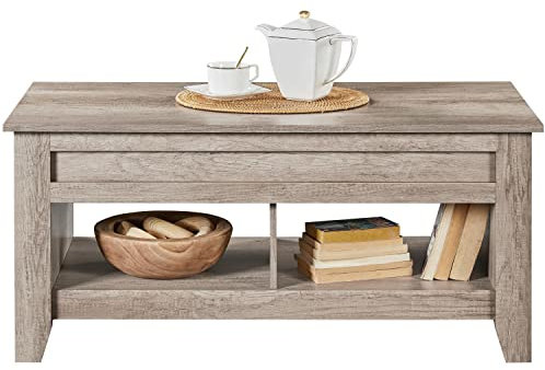 Abician Table Basse Relevable en Bois MDF, avec Compartiments de Rangement, Style Moderne et Minimaliste, pour Salon, Salle de Réception et Bureau Gris