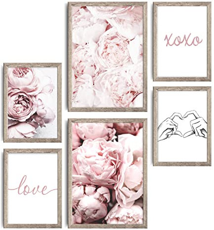 decomonkey | 6er Poster Set mit hellbraunem Rahmen | Blumen Abstrakt | 4 x DIN A4 & 2 x DIN A3 | Wohnzimmer Schlafzimmer Wandposter Blider Collage Modern Wanddeko Rosa Pfingstrosen Herz Love