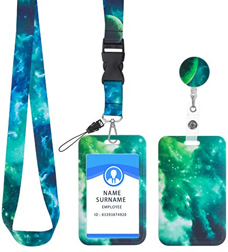 Molain ID Kartenhalter mit Lanyard und einziehbarem Ausweisrollen Clip, Sternenhimmel ID Kartenhalter Set, einziehbare Ausweis Schlüsselrolle, abbrechbare Crossbody Lanyards (Sternengrün)