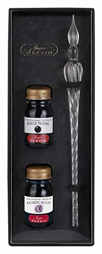 Jacques Herbin 29301T - Coffret avec 2 encres10 ml, Perle noire et Poussière de lune et une plume de verre transparente Fabriqué en France