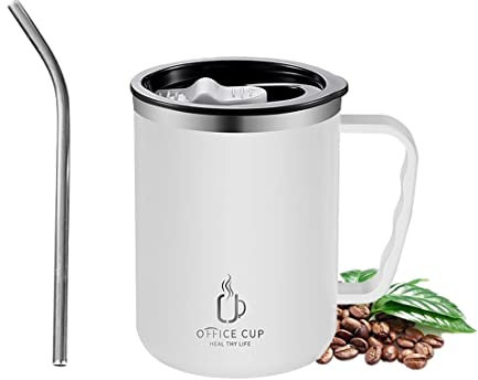 Lcxecnw Kaffeetasse Becher mit Henkel,16 oz Edelstahlbecher,Doppelwandiger Vakuum-Reisebecher,Becher mit Strohhalm und Schiebedeckel Heiß- und Kaltgetränke für das Büro (Weiß)