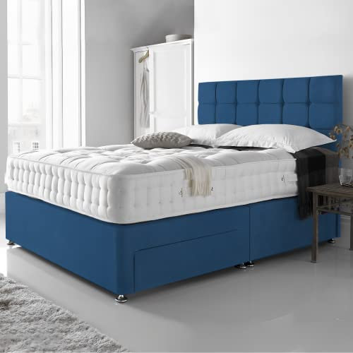 DBZ BEDS Reinforced Double Bed Set 4 FT 6 with 2000 Series Mattress - Blue Plush Velvet Divan Beds Set with Various Storage Options – 26 Inch Headboard with Chrome Glider Feet (Double)