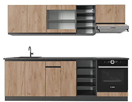 Vicco Küchenzeile R-Line, Küchenblock, Goldkraft Eiche/Anthrazit, 240 cm J-Shape