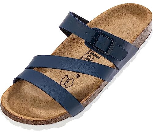 Palado Pantoletten Damen Ikaria – bequeme Sandalen Made in Spain - Hausschuhe mit dämpfendem Kork-Fußbett - modische Sommerschuhe Dunkelblau Matt UK9 - EU42