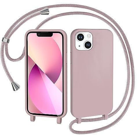 AOMYKE Cover per iPhone 13 / iPhone 14 con Cordino, Custodia con Laccio Collana Tracolla Collo Liquido Silicone Antiurto TPU Antiurto AntiGraffio Case - Rosa