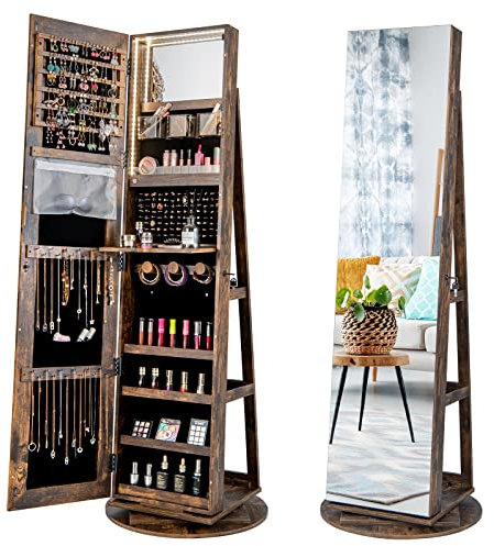 Multigot 3-in-1 Jewellery Cabinet, 360° Swivel Jewelry Armoire with Full-Length Mirror & 3-Color LED Lights, Lockable Cosmetic Storage Organizer for Dressing Room Living Room Bedroom (Rustic Brown)